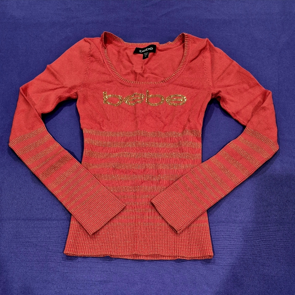 Bebe Gold Studded Logo Persimon/Gold Metallic Stripes Sweater - XS/Petites.